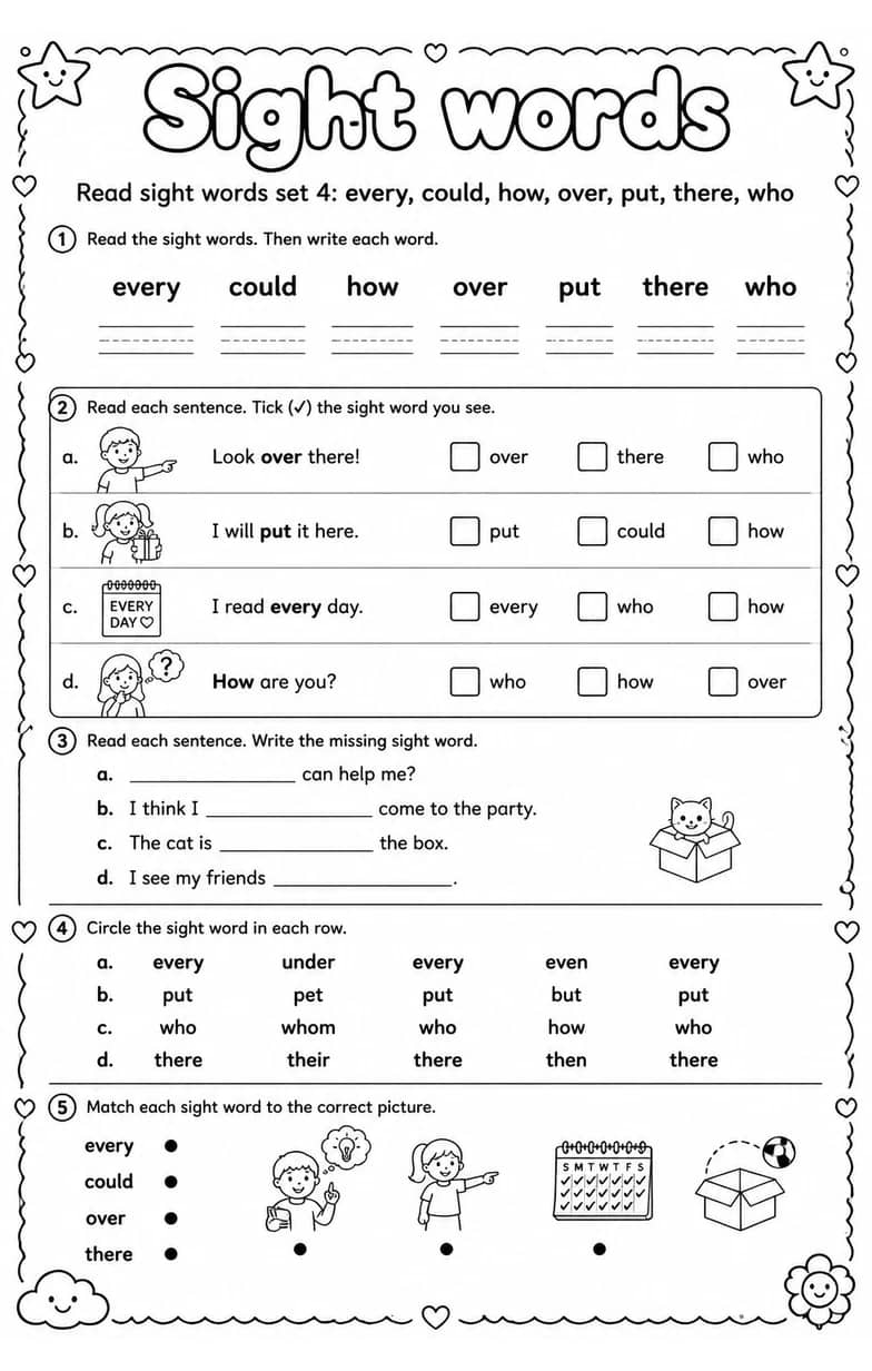 Read sight words set 4: every, could, how, over, put, there, who — free printable Reading foundations English worksheet