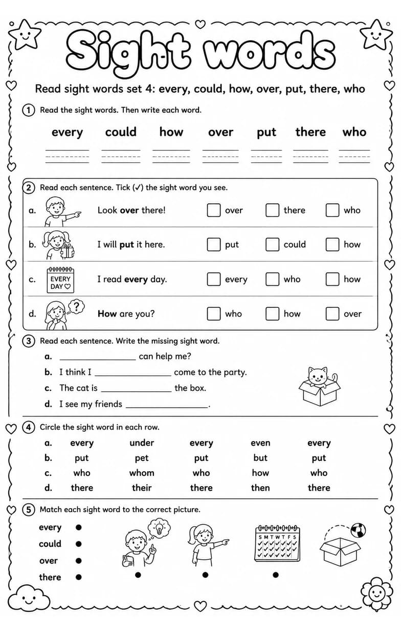 Read sight words set 4: every, could, how, over, put, there, who — free printable Reading foundations English worksheet