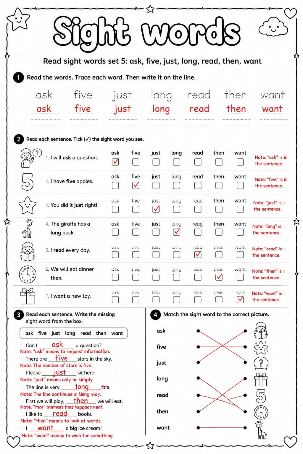 Answer key for Read sight words set 5: ask, five, just, long, read, then, want — free printable English & Reading worksheet