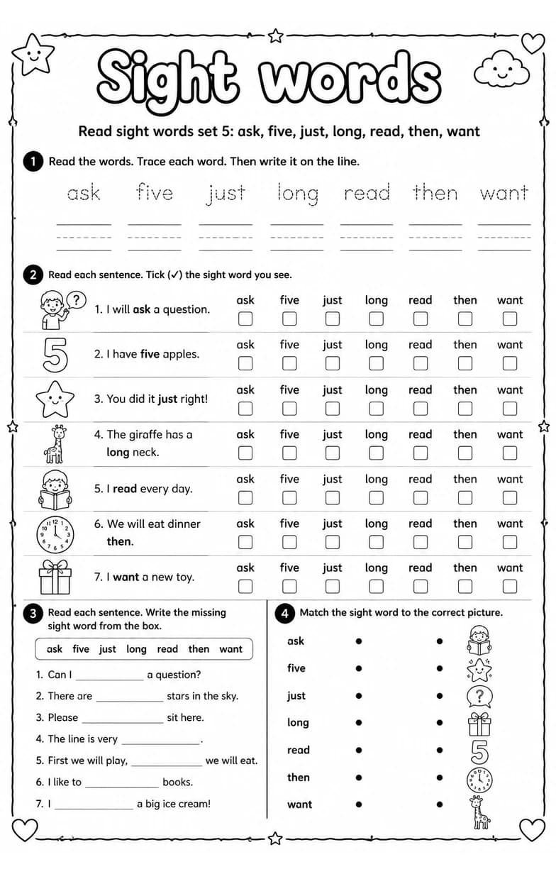 Read sight words set 5: ask, five, just, long, read, then, want — free printable Reading foundations English worksheet