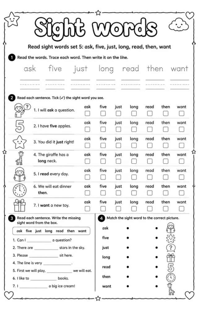Read sight words set 5: ask, five, just, long, read, then, want