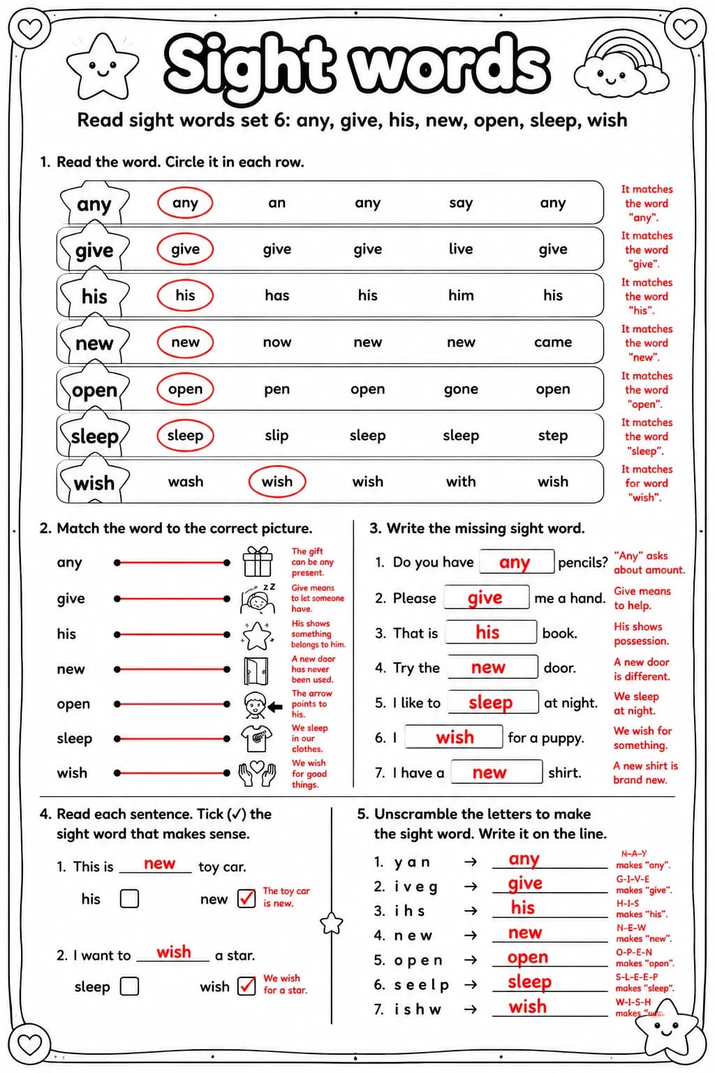 Answer key for Read sight words set 6: any, give, his, new, open, sleep, wish — free printable English & Reading worksheet