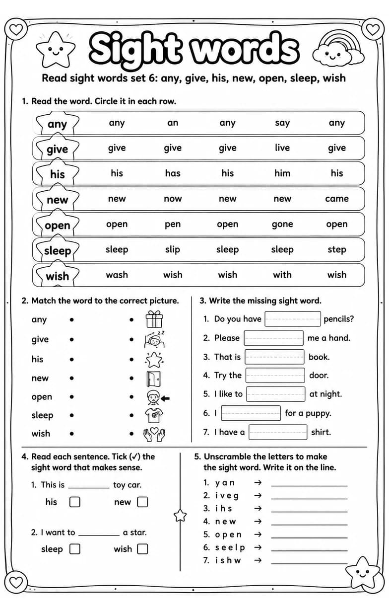 Read sight words set 6: any, give, his, new, open, sleep, wish — free printable Reading foundations English worksheet