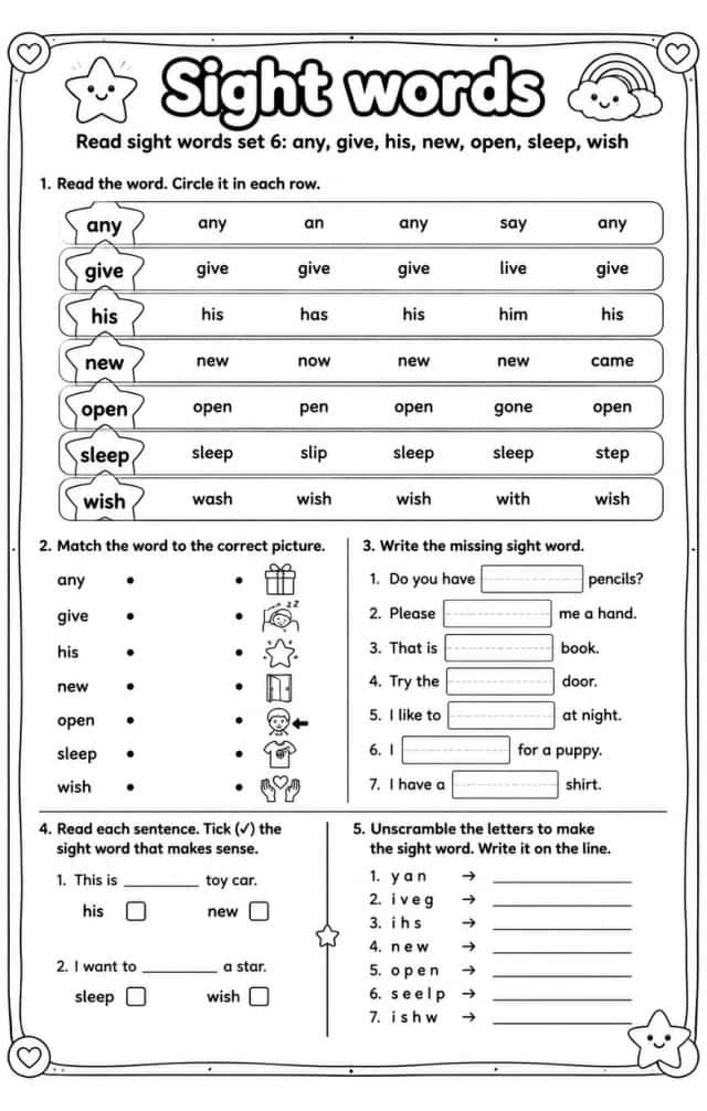 Read sight words set 6: any, give, his, new, open, sleep, wish