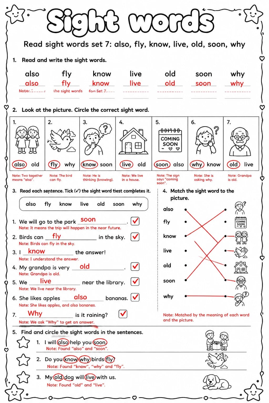 Answer key for Read sight words set 7: also, fly, know, live, old, soon, why — free printable English & Reading worksheet
