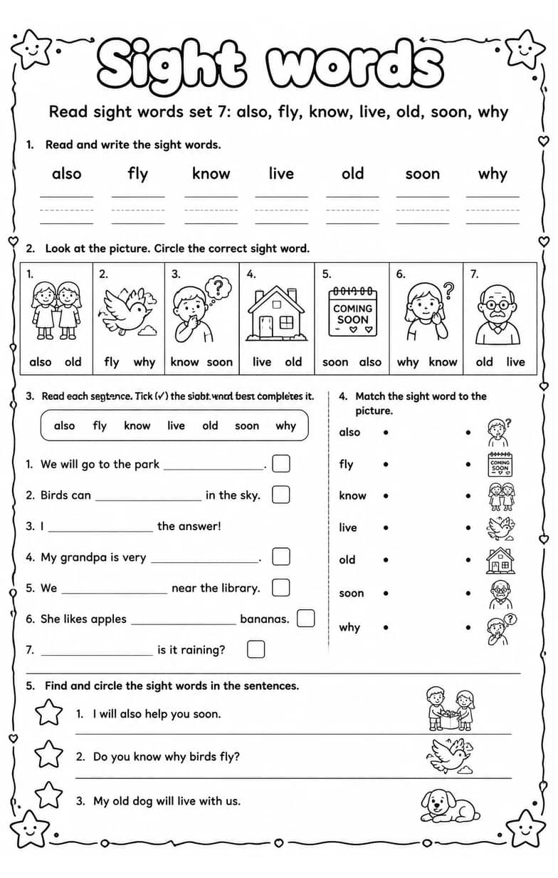 Read sight words set 7: also, fly, know, live, old, soon, why — free printable Reading foundations English worksheet