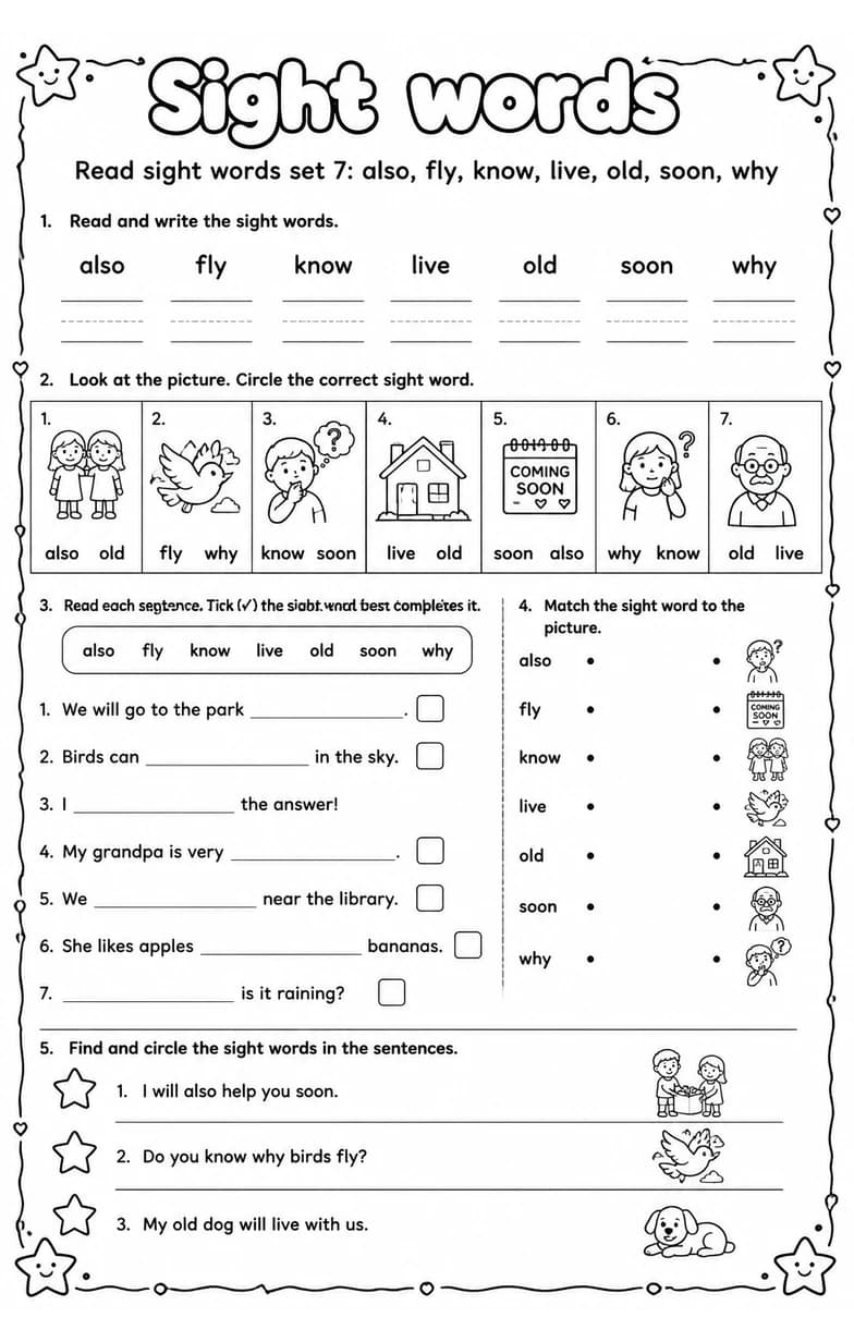 Read sight words set 7: also, fly, know, live, old, soon, why — free printable Reading foundations English worksheet