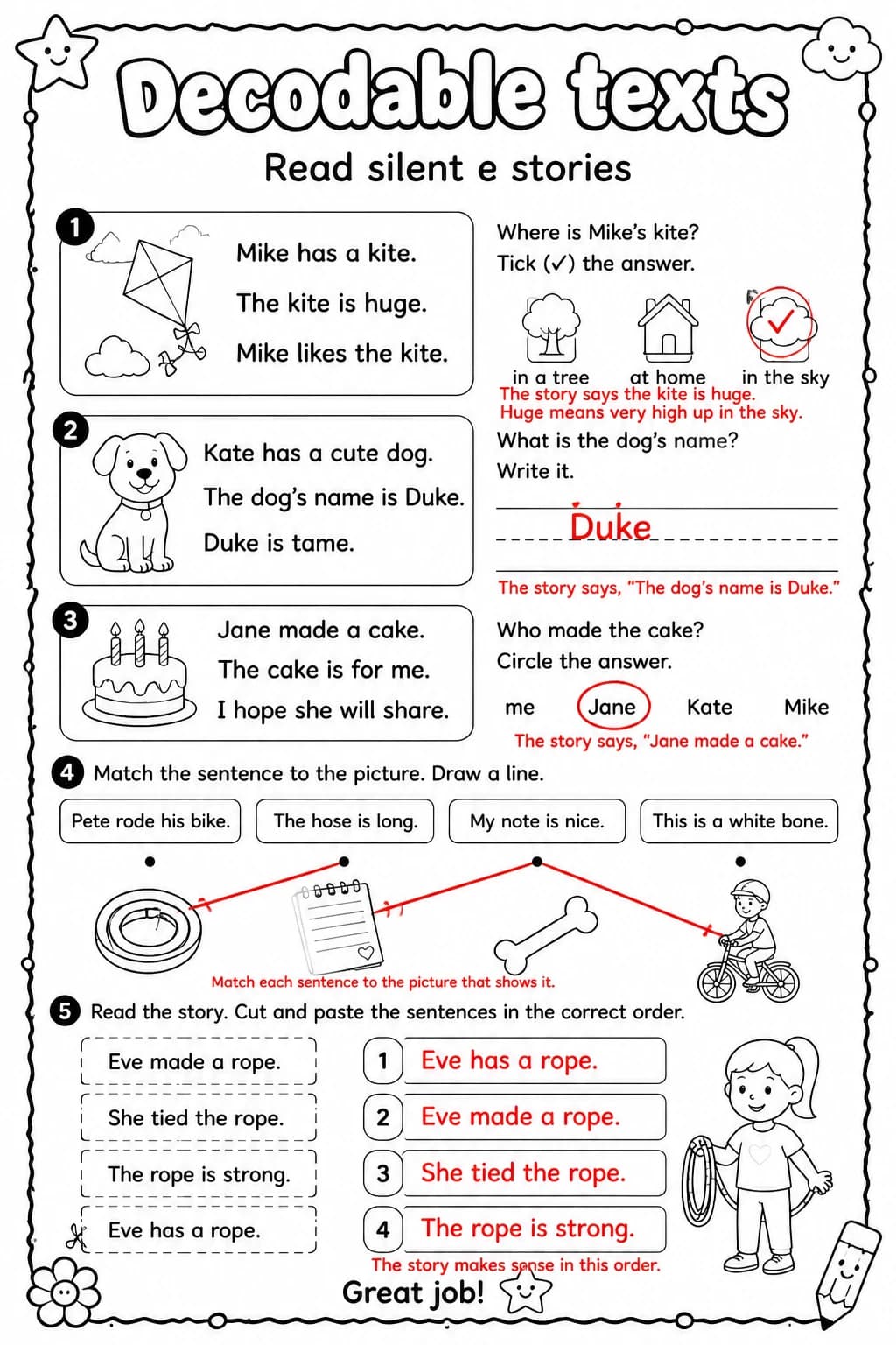 Answer key for Read silent e stories — free printable English & Reading worksheet
