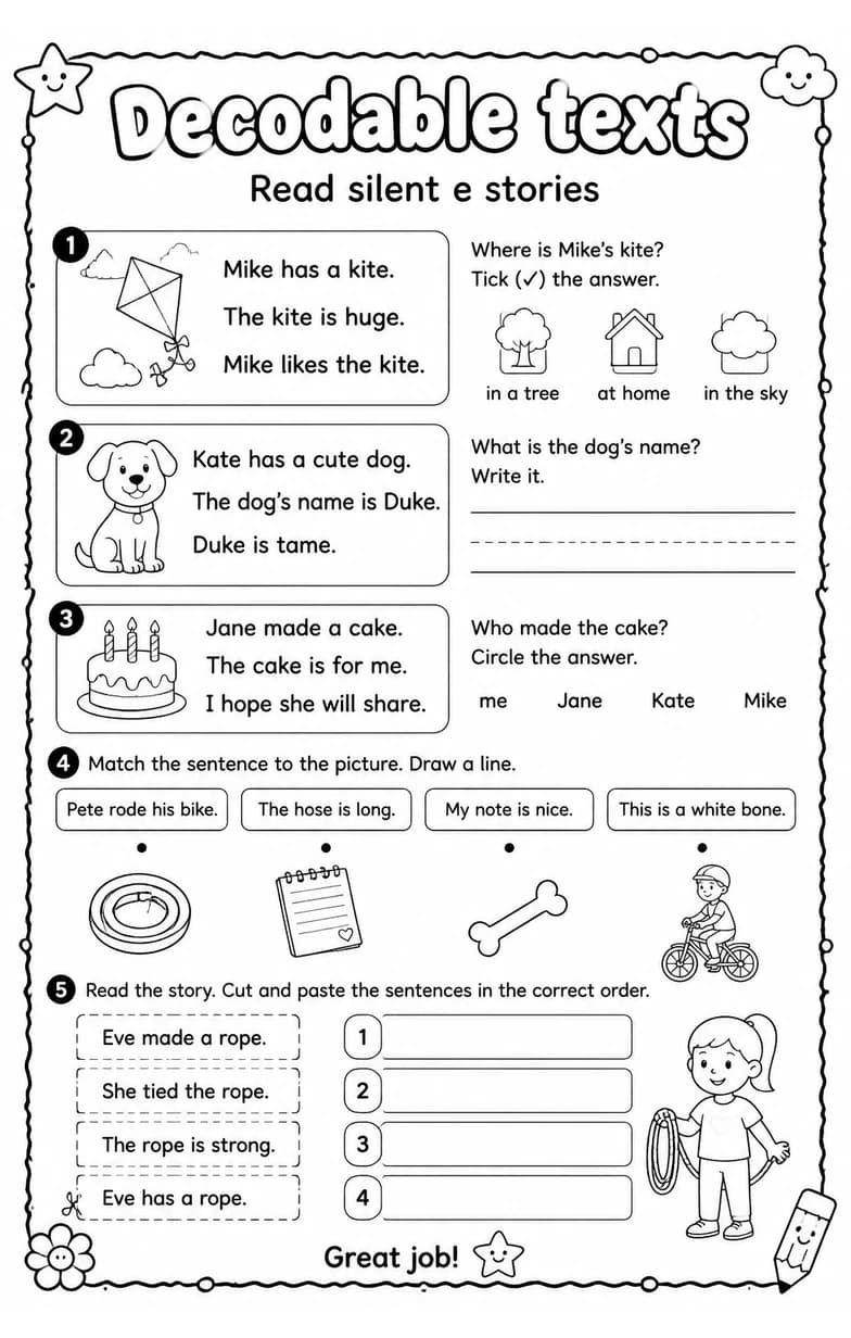 Read silent e stories — free printable Grade 1 English & Reading worksheet