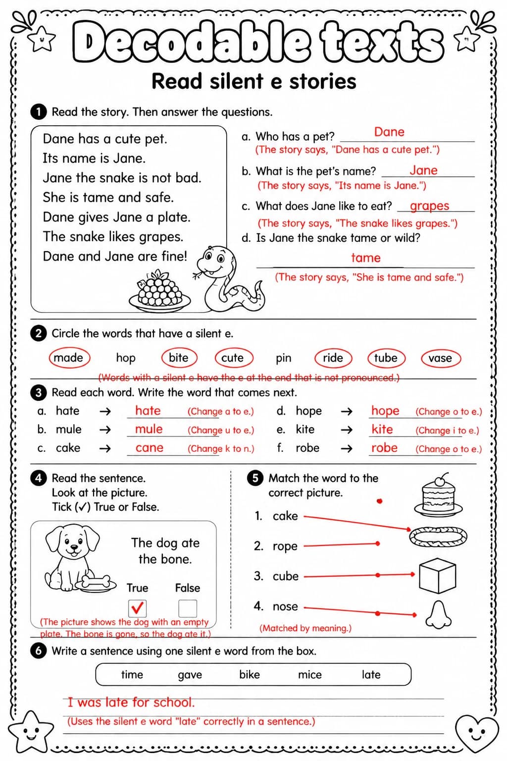 Answer key for Read silent e stories — free printable English & Reading worksheet