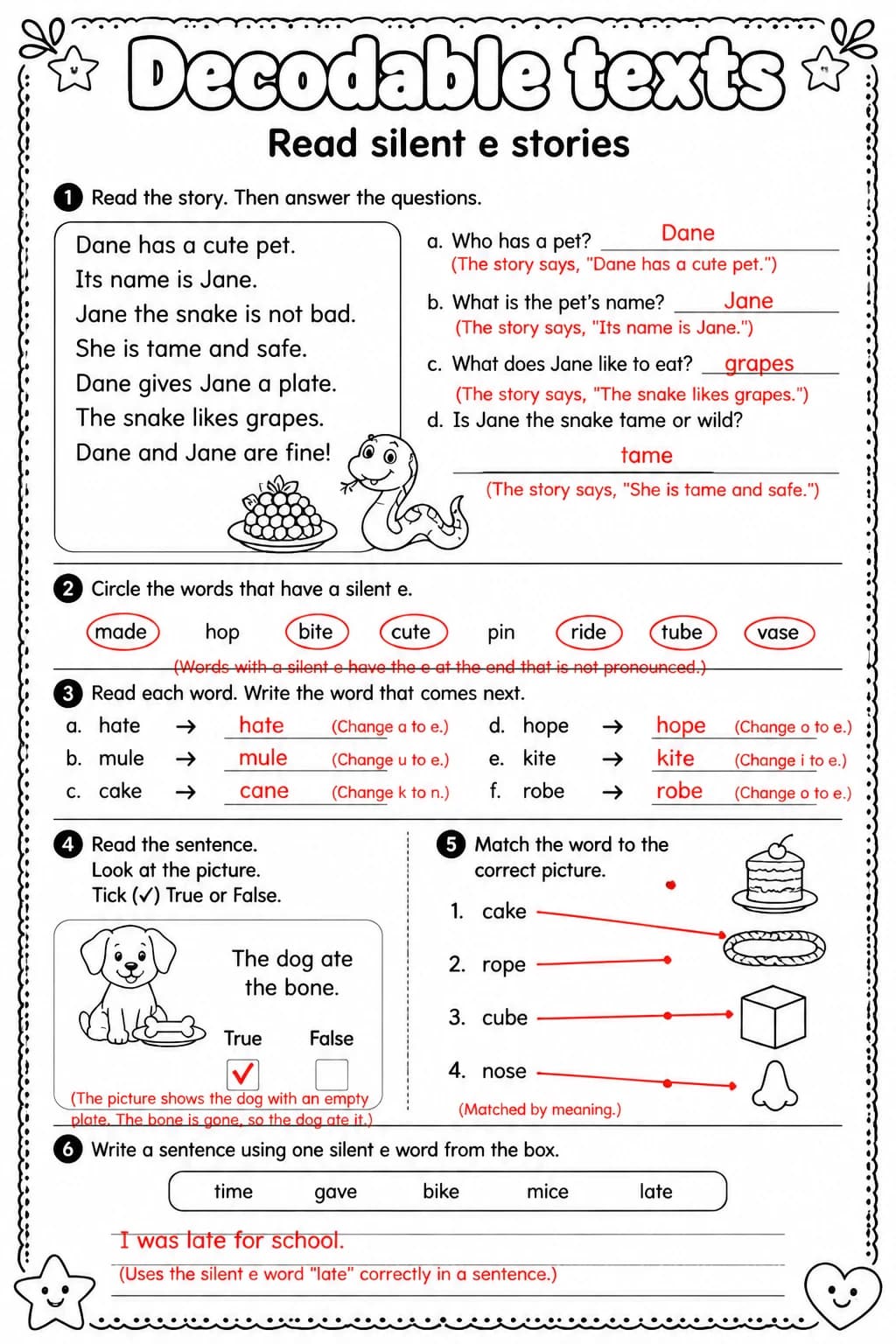 Answer key for Read silent e stories — free printable English & Reading worksheet