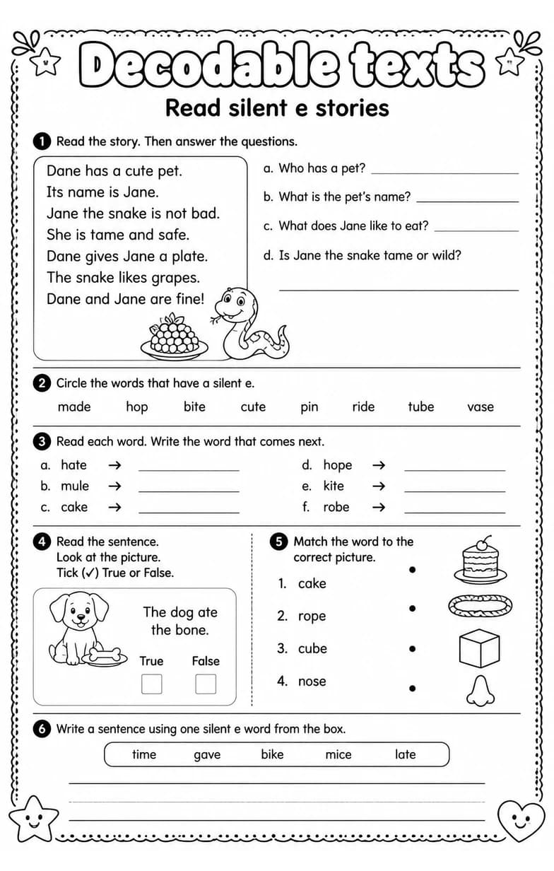 Read silent e stories — free printable Reading foundations English worksheet