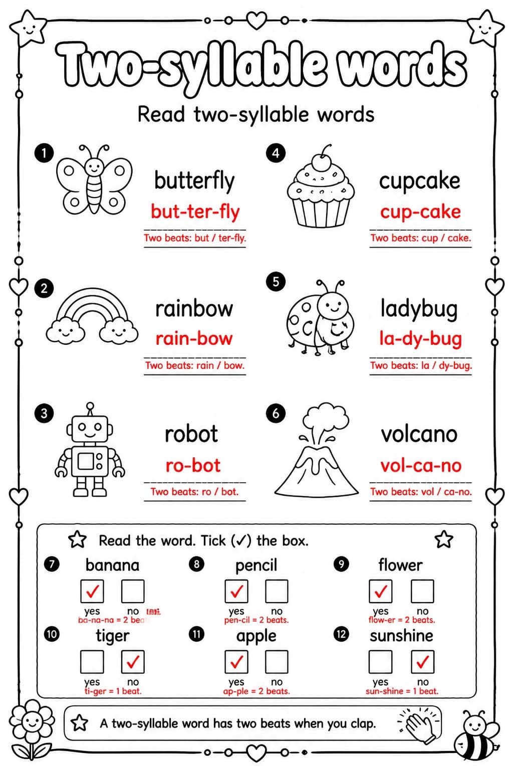 Answer key for Read two-syllable words — free printable English & Reading worksheet