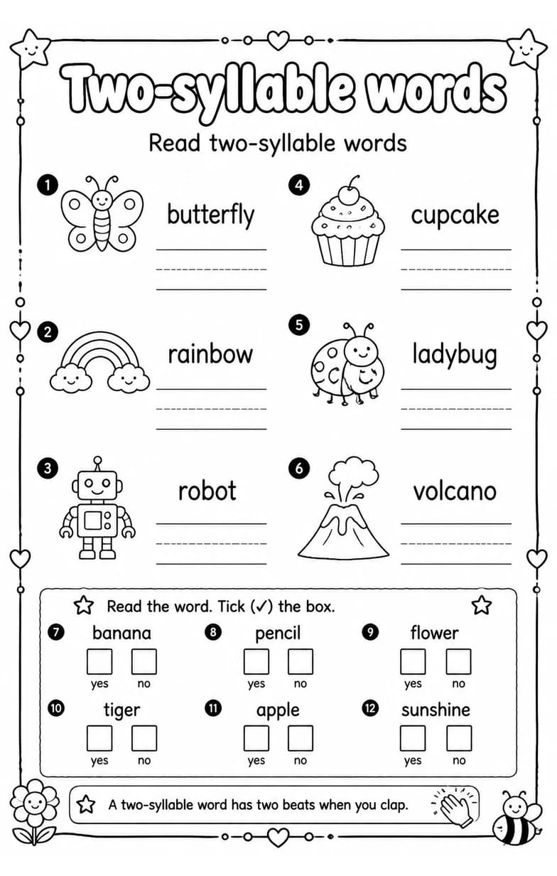 Read two-syllable words — free printable Reading foundations English worksheet