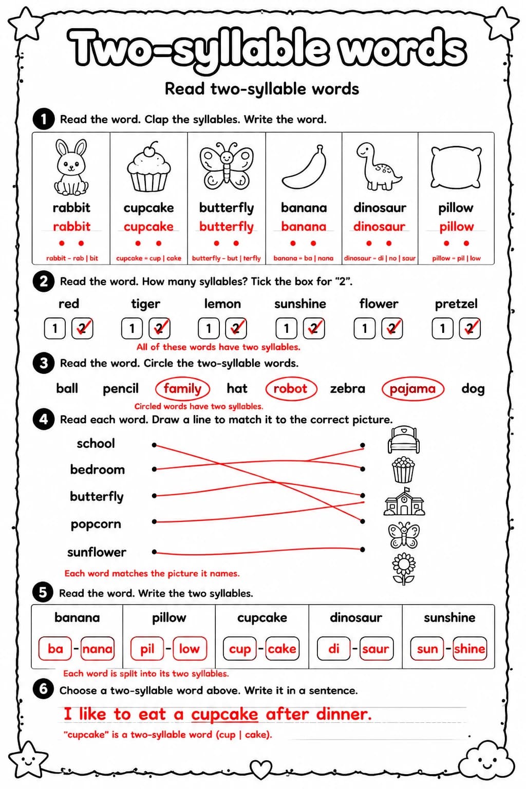 Answer key for Read two-syllable words — free printable English & Reading worksheet