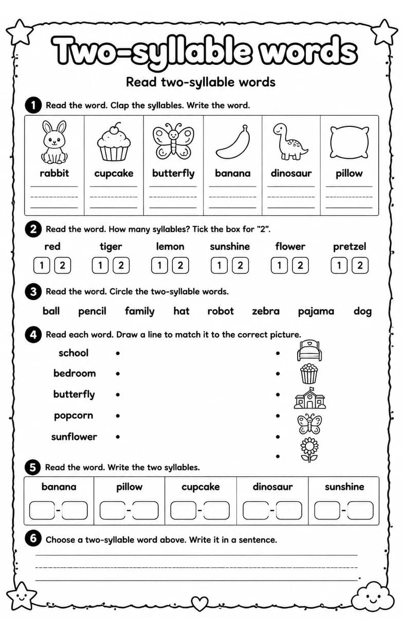 Read two-syllable words — free printable Reading foundations English worksheet