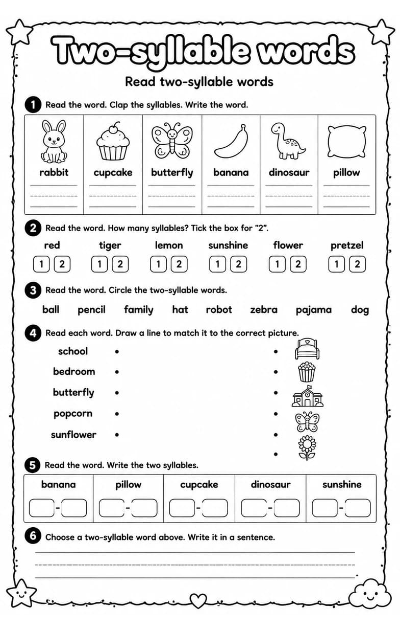 Read two-syllable words — free printable Grade 2 English & Reading worksheet