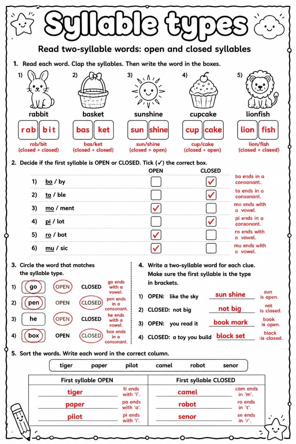 Answer key for Read two-syllable words: open and closed syllables — free printable English & Reading worksheet