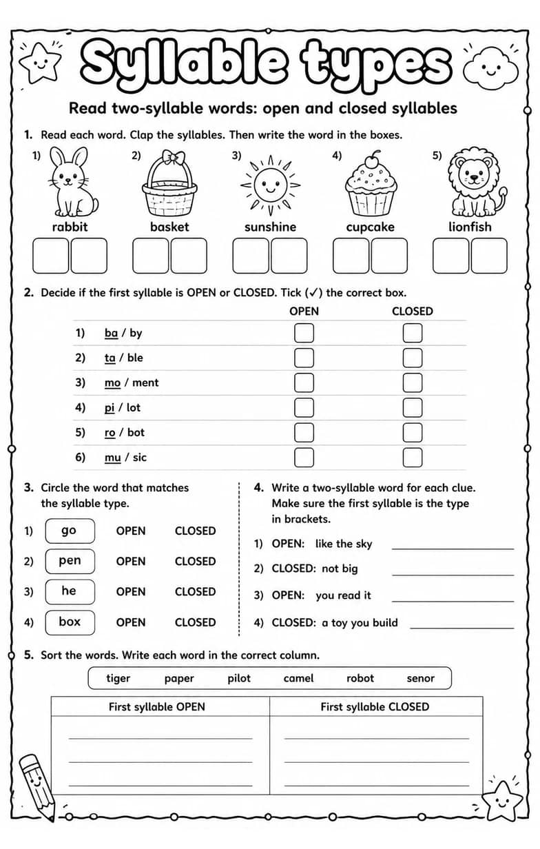 Read two-syllable words: open and closed syllables — free printable Reading foundations English worksheet