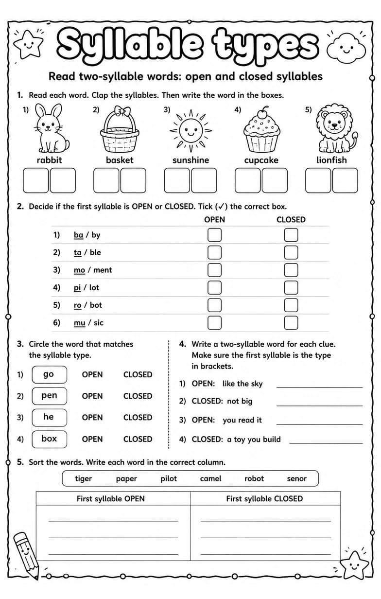 Read two-syllable words: open and closed syllables — free printable Grade 2 English & Reading worksheet