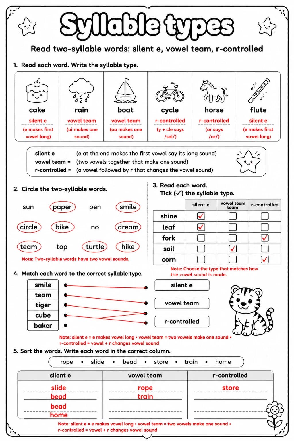 Answer key for Read two-syllable words: silent e, vowel team, r-controlled — free printable English & Reading worksheet