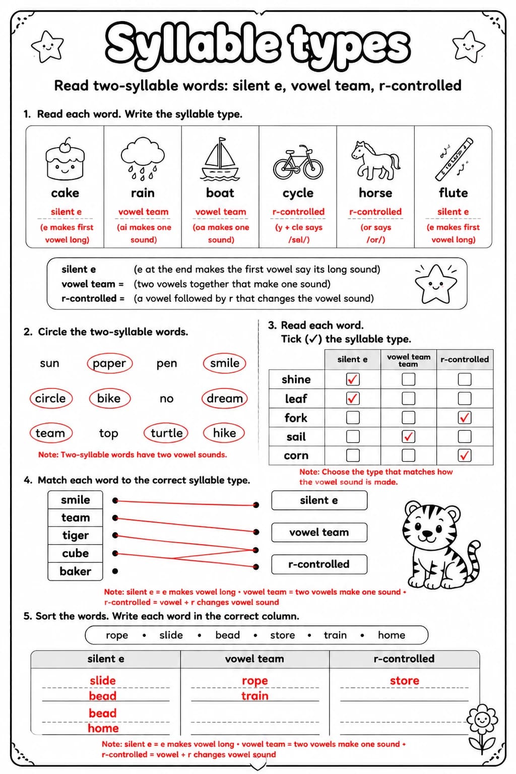 Answer key for Read two-syllable words: silent e, vowel team, r-controlled — free printable English & Reading worksheet