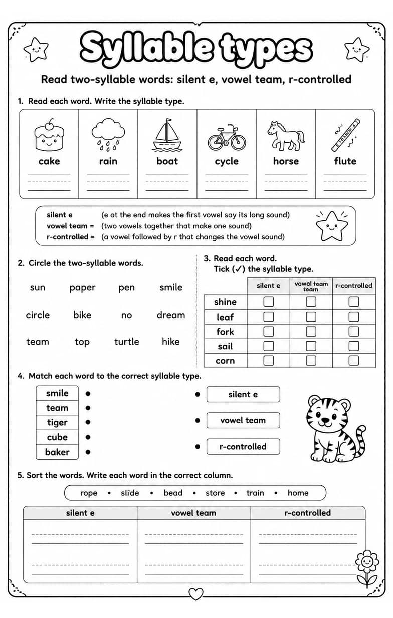 Read two-syllable words: silent e, vowel team, r-controlled — free printable Reading foundations English worksheet