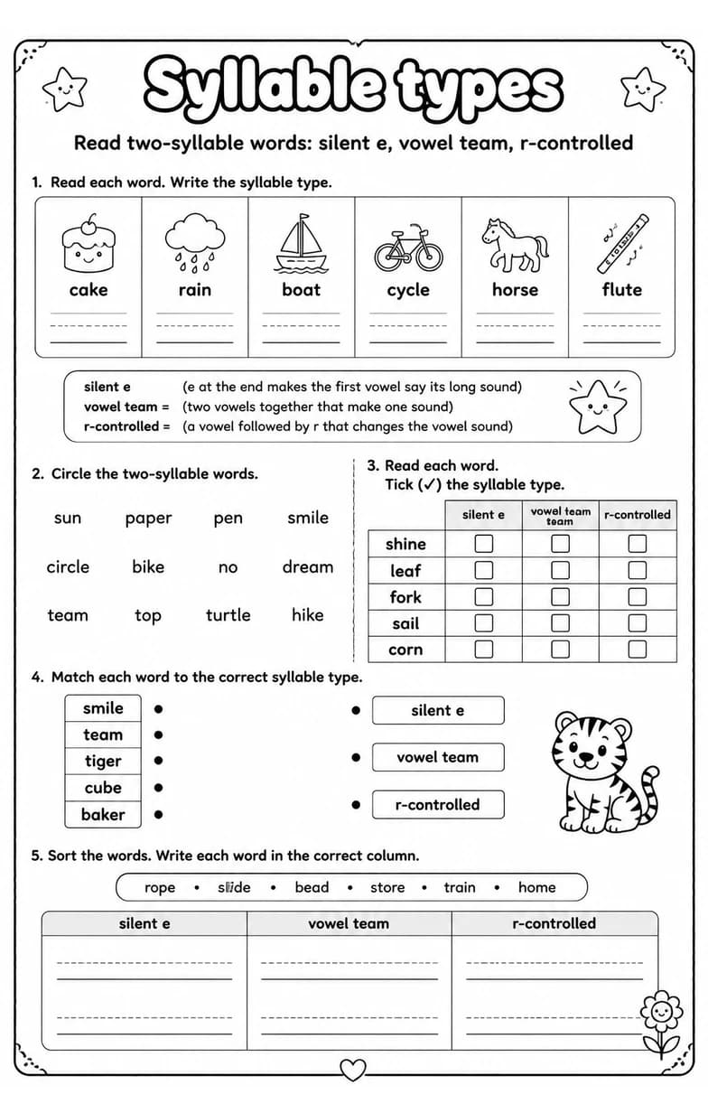 Read two-syllable words: silent e, vowel team, r-controlled — free printable Reading foundations English worksheet