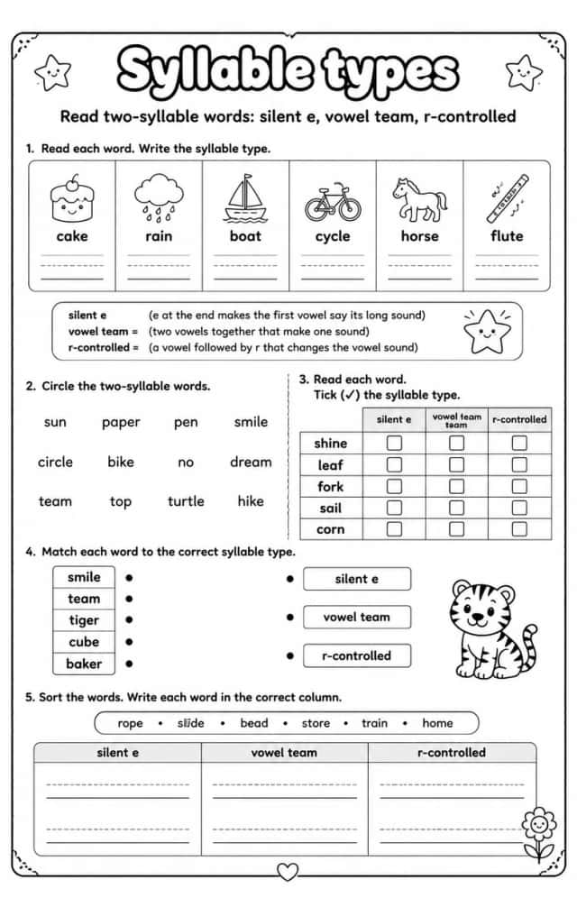 Read two-syllable words: silent e, vowel team, r-controlled