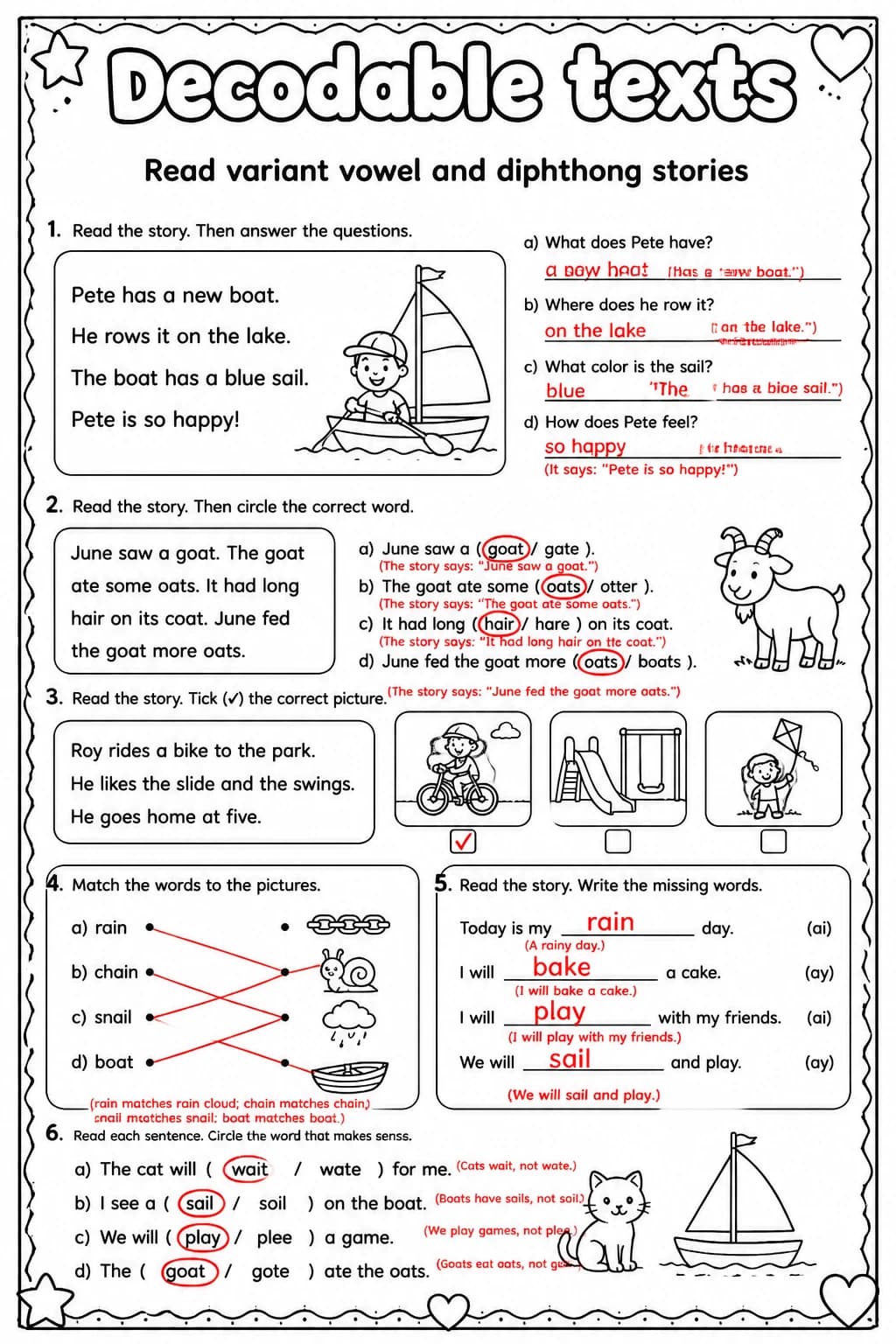 Answer key for Read variant vowel and diphthong stories — free printable English & Reading worksheet