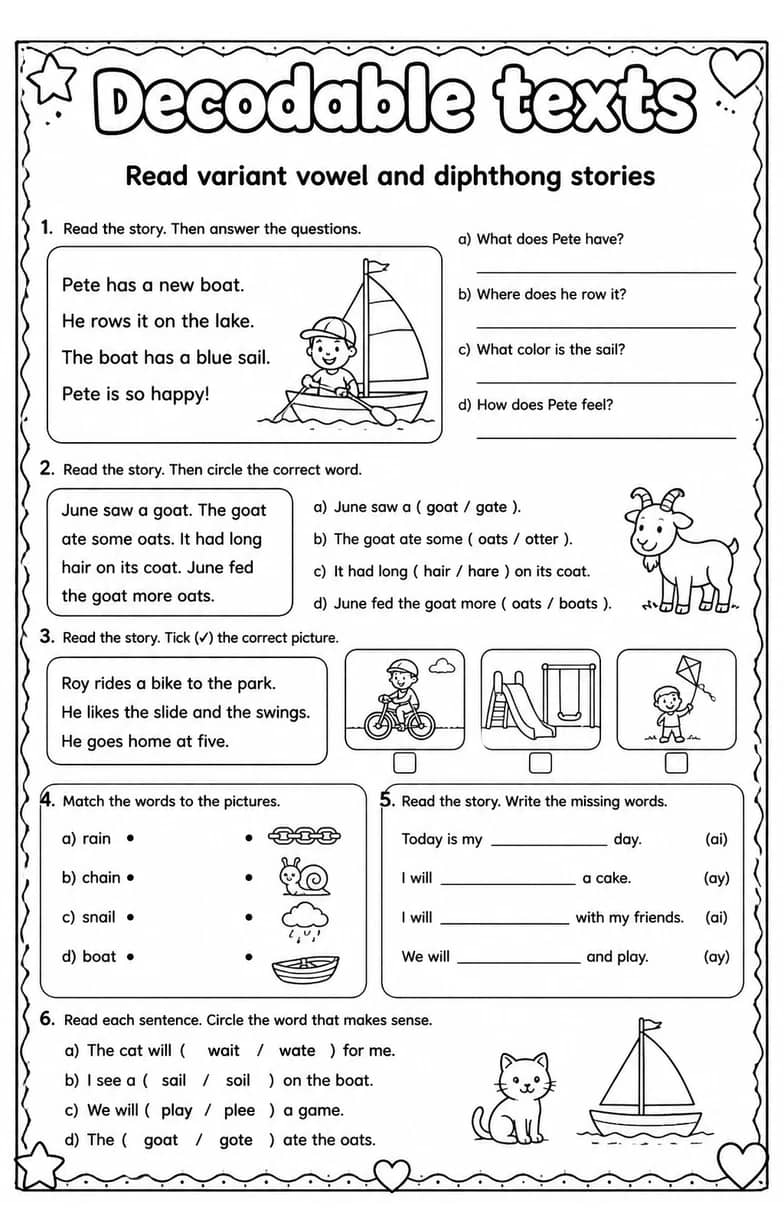Read variant vowel and diphthong stories — free printable Reading foundations English worksheet