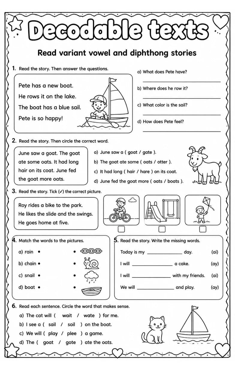 Read variant vowel and diphthong stories — free printable Reading foundations English worksheet