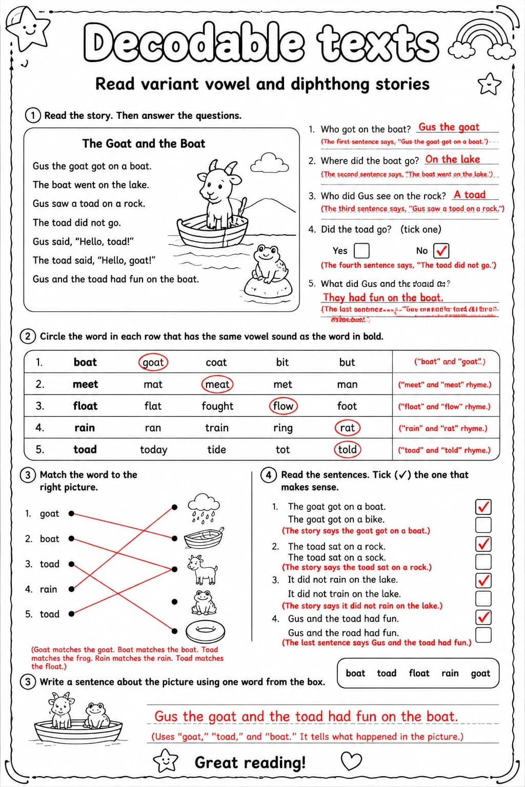Answer key for Read variant vowel and diphthong stories — free printable English & Reading worksheet