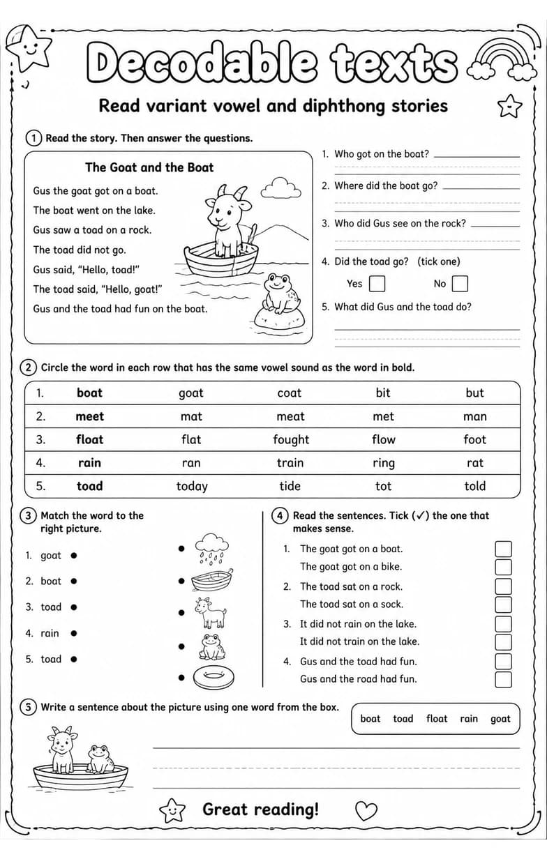 Read variant vowel and diphthong stories — free printable Grade 3 English & Reading worksheet