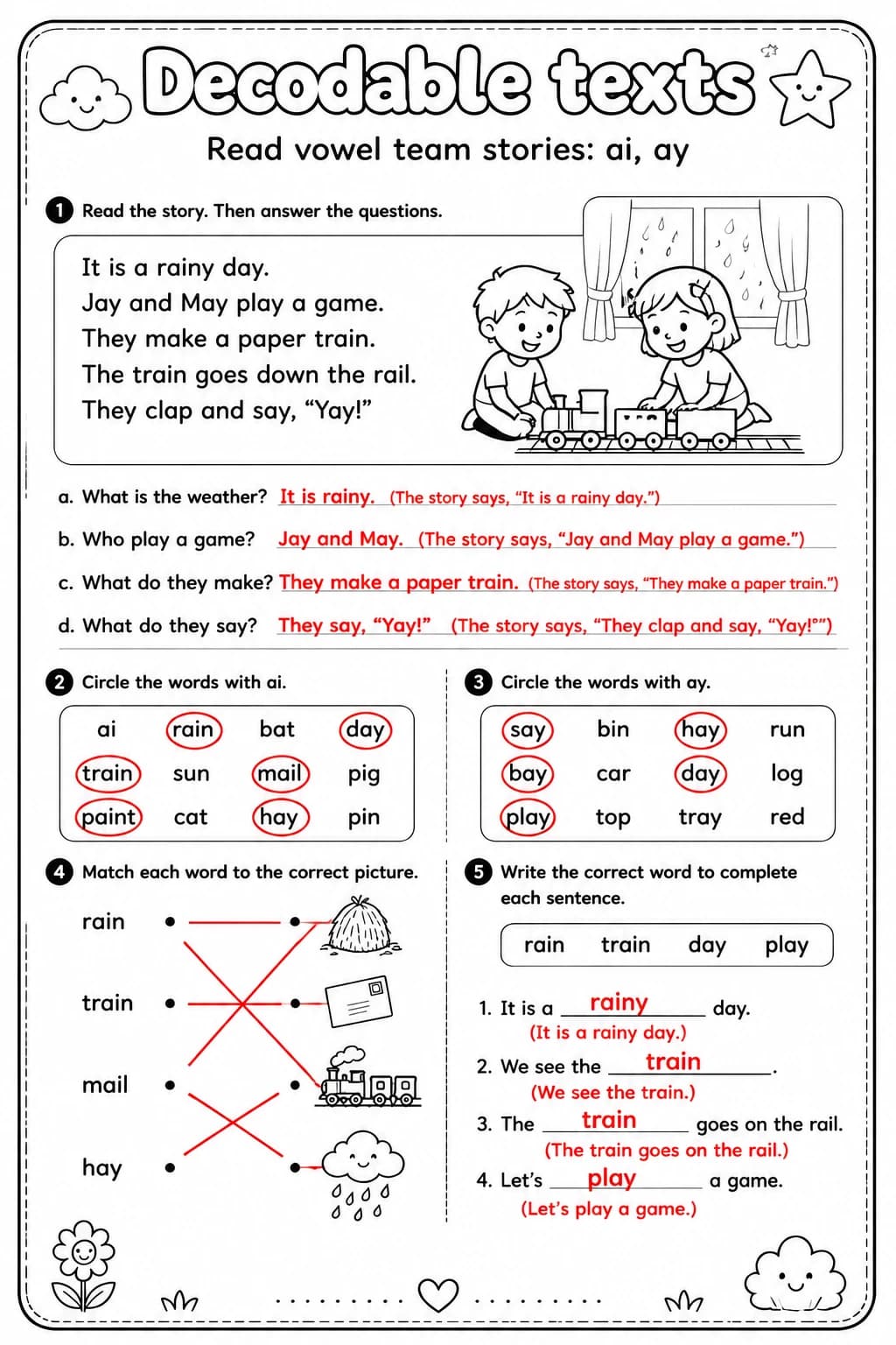 Answer key for Read vowel team stories: ai, ay — free printable English & Reading worksheet