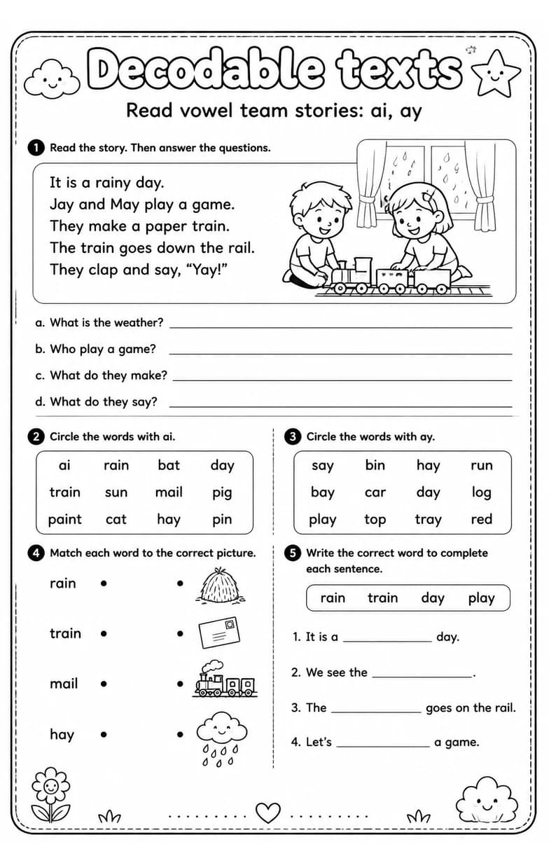 Read vowel team stories: ai, ay — free printable Reading foundations English worksheet
