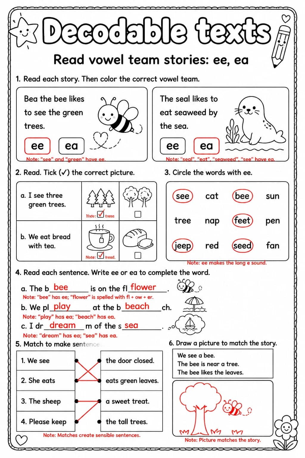 Answer key for Read vowel team stories: ee, ea — free printable English & Reading worksheet