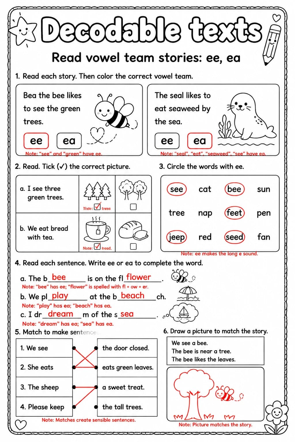 Answer key for Read vowel team stories: ee, ea — free printable English & Reading worksheet