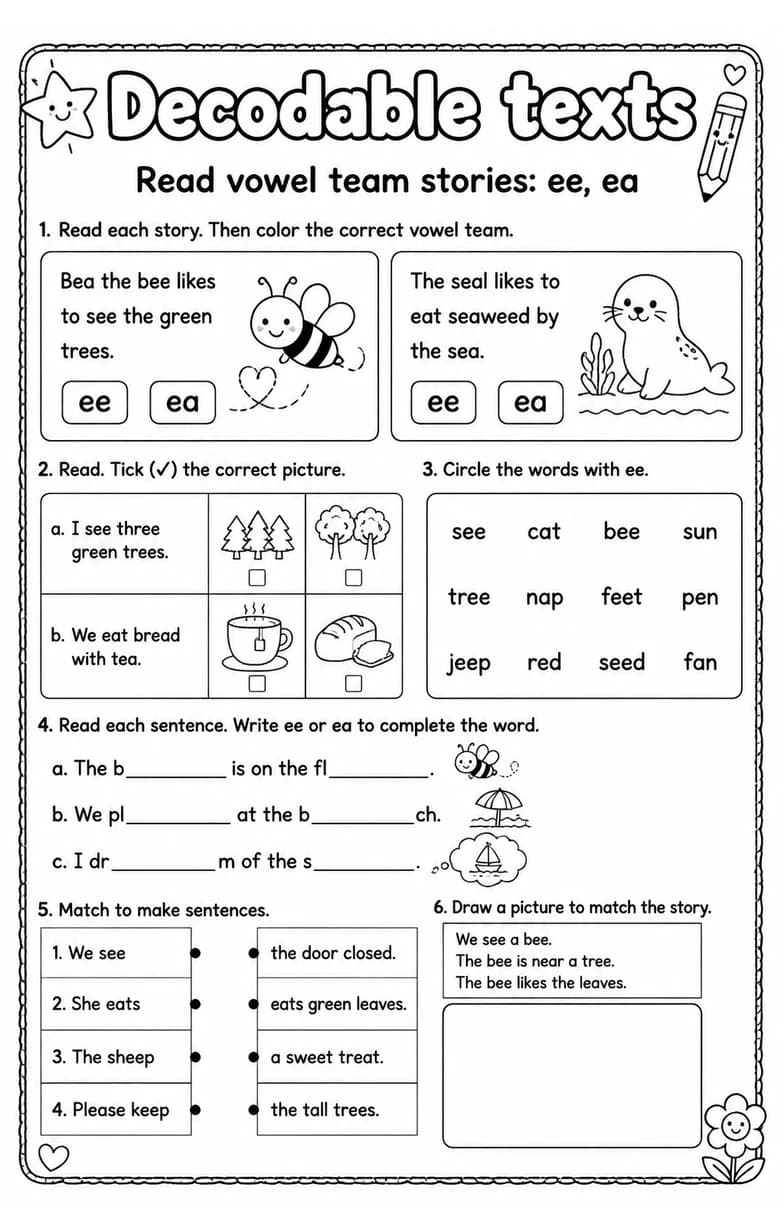 Read vowel team stories: ee, ea — free printable Grade 1 English & Reading worksheet