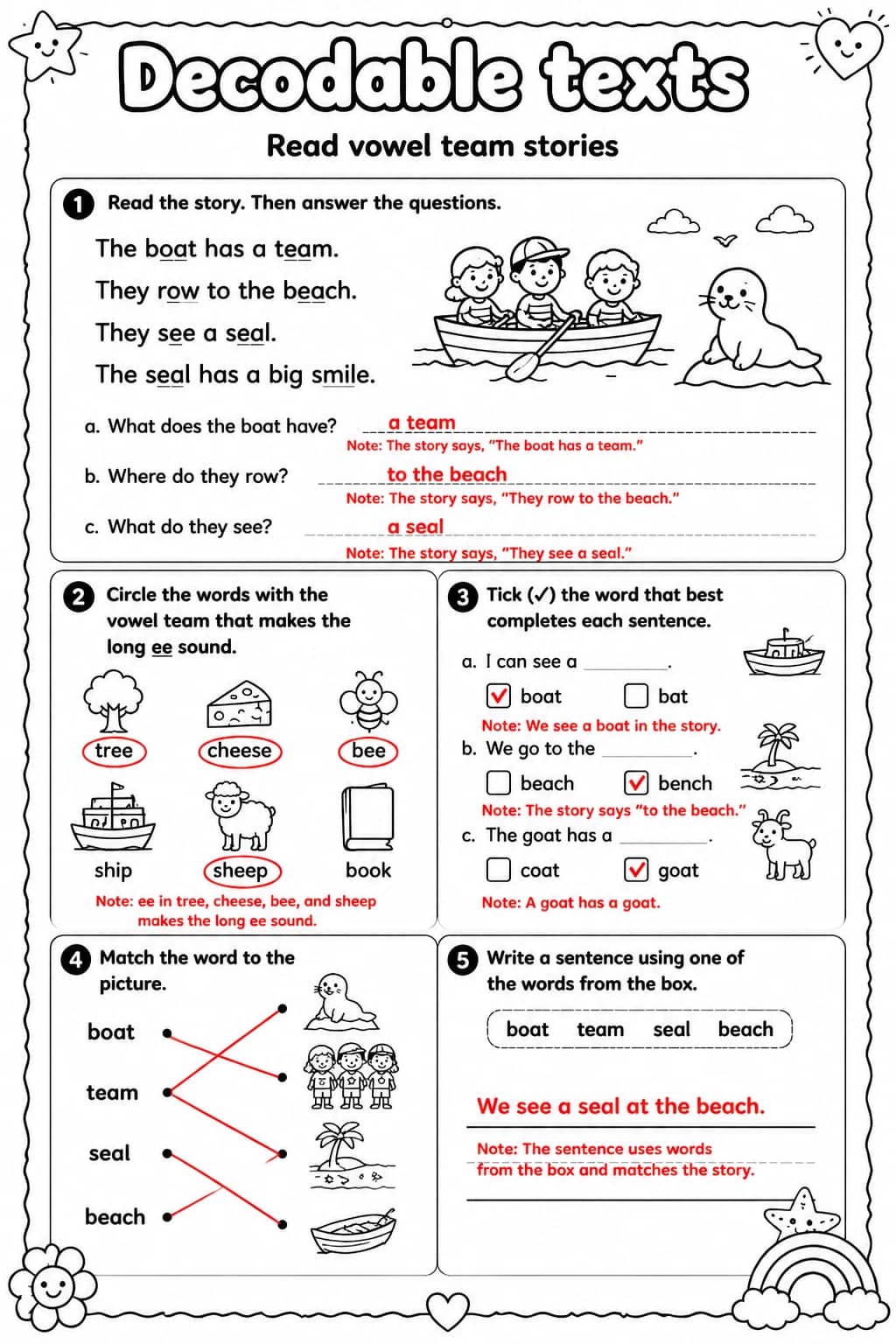 Answer key for Read vowel team stories — free printable English & Reading worksheet
