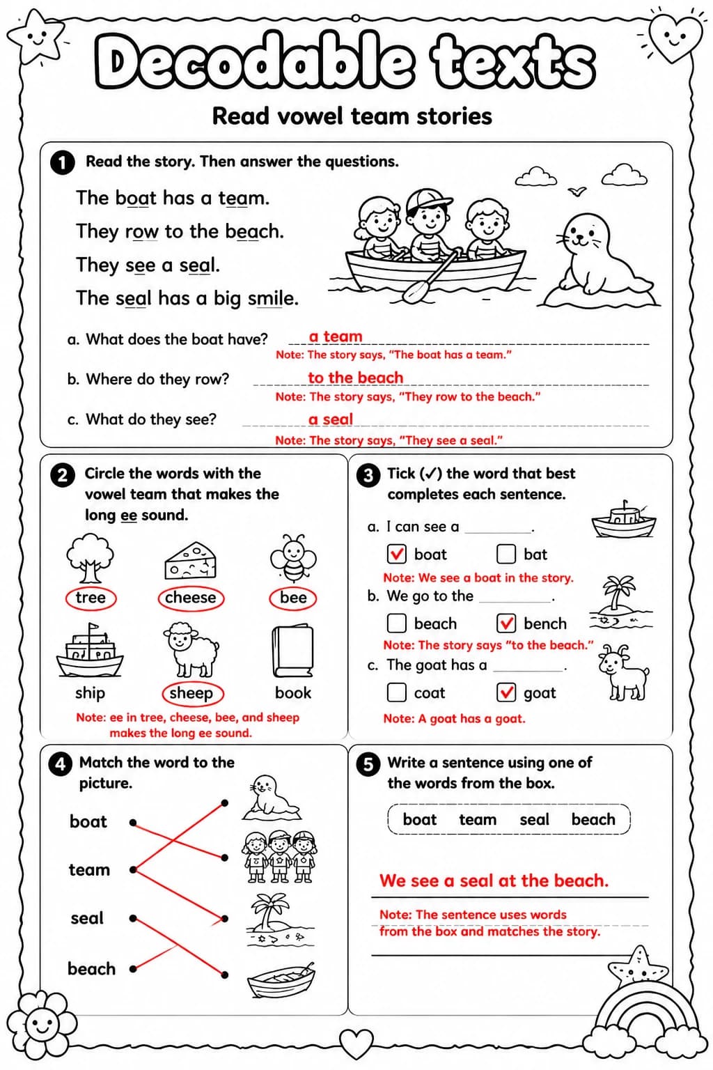 Answer key for Read vowel team stories — free printable English & Reading worksheet