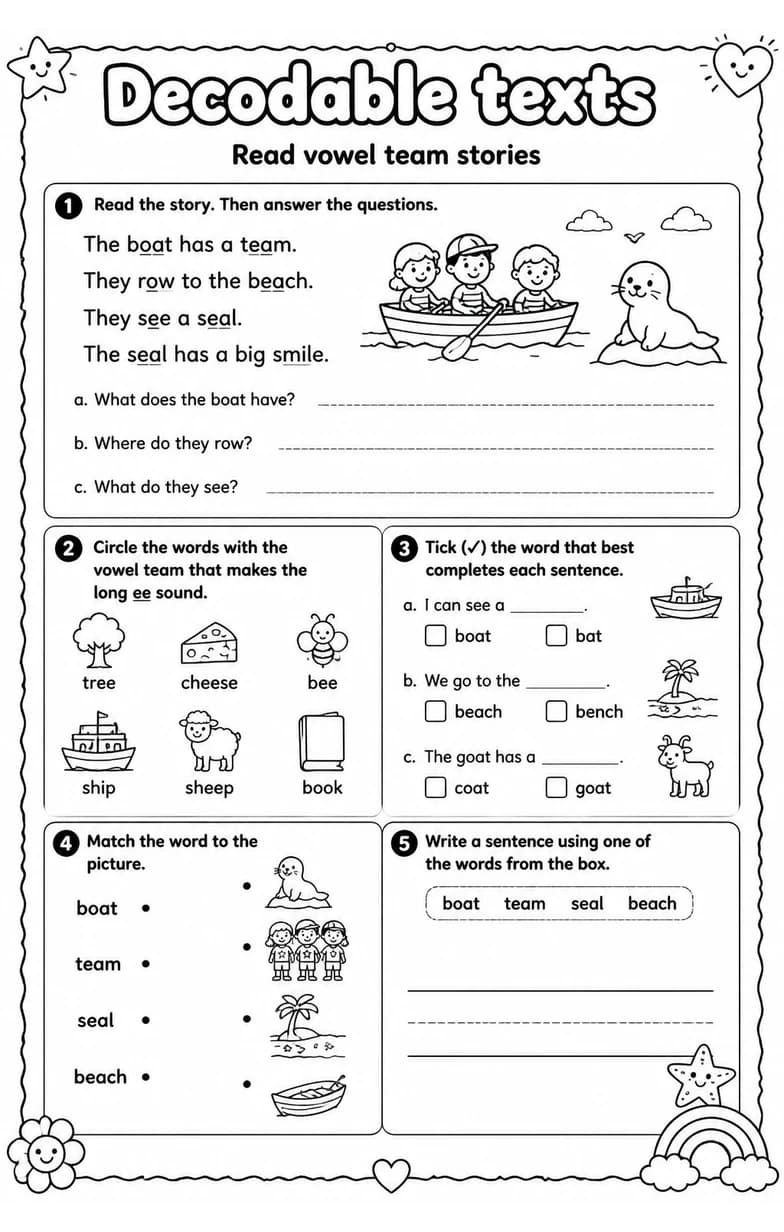 Read vowel team stories — free printable Grade 1 English & Reading worksheet
