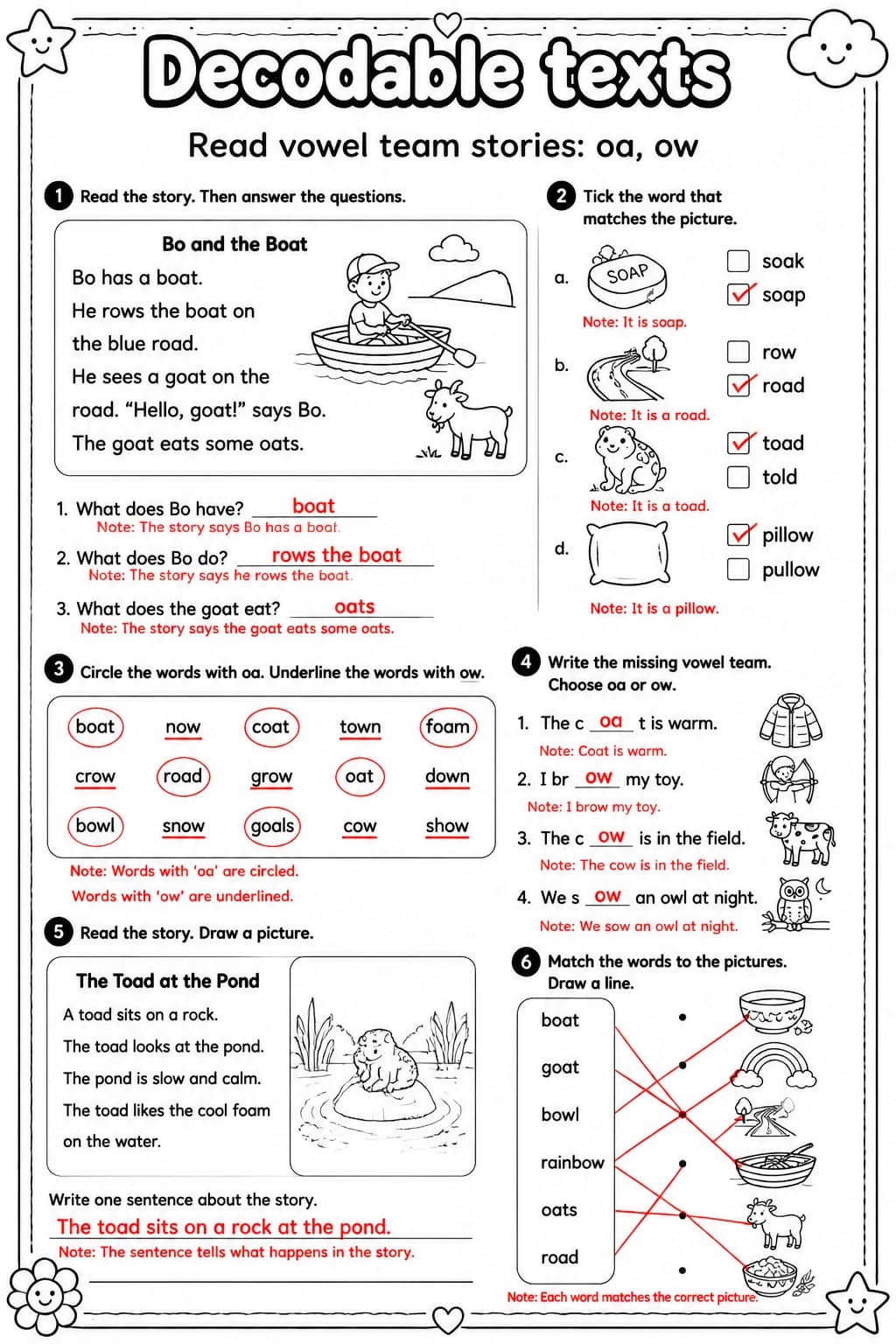Answer key for Read vowel team stories: oa, ow — free printable English & Reading worksheet
