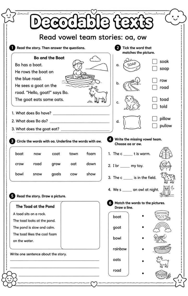 Read vowel team stories: oa, ow — free printable Reading foundations English worksheet