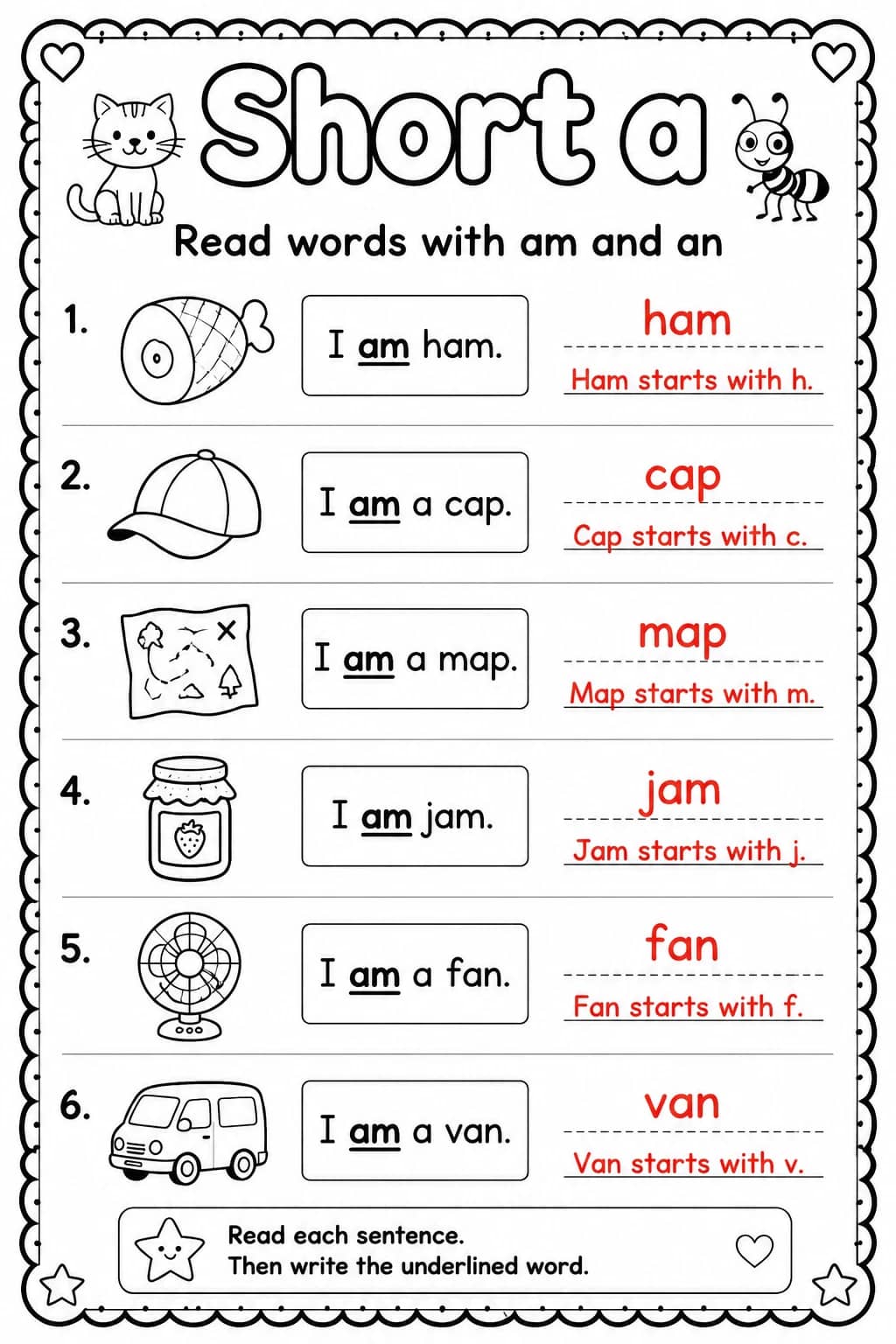 Answer key for Read words with am and an — free printable English & Reading worksheet
