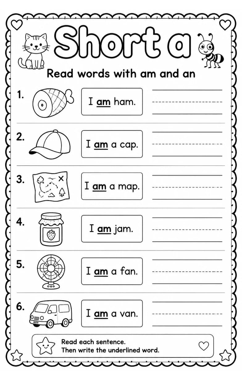 Read words with am and an — free printable Grade 1 English & Reading worksheet
