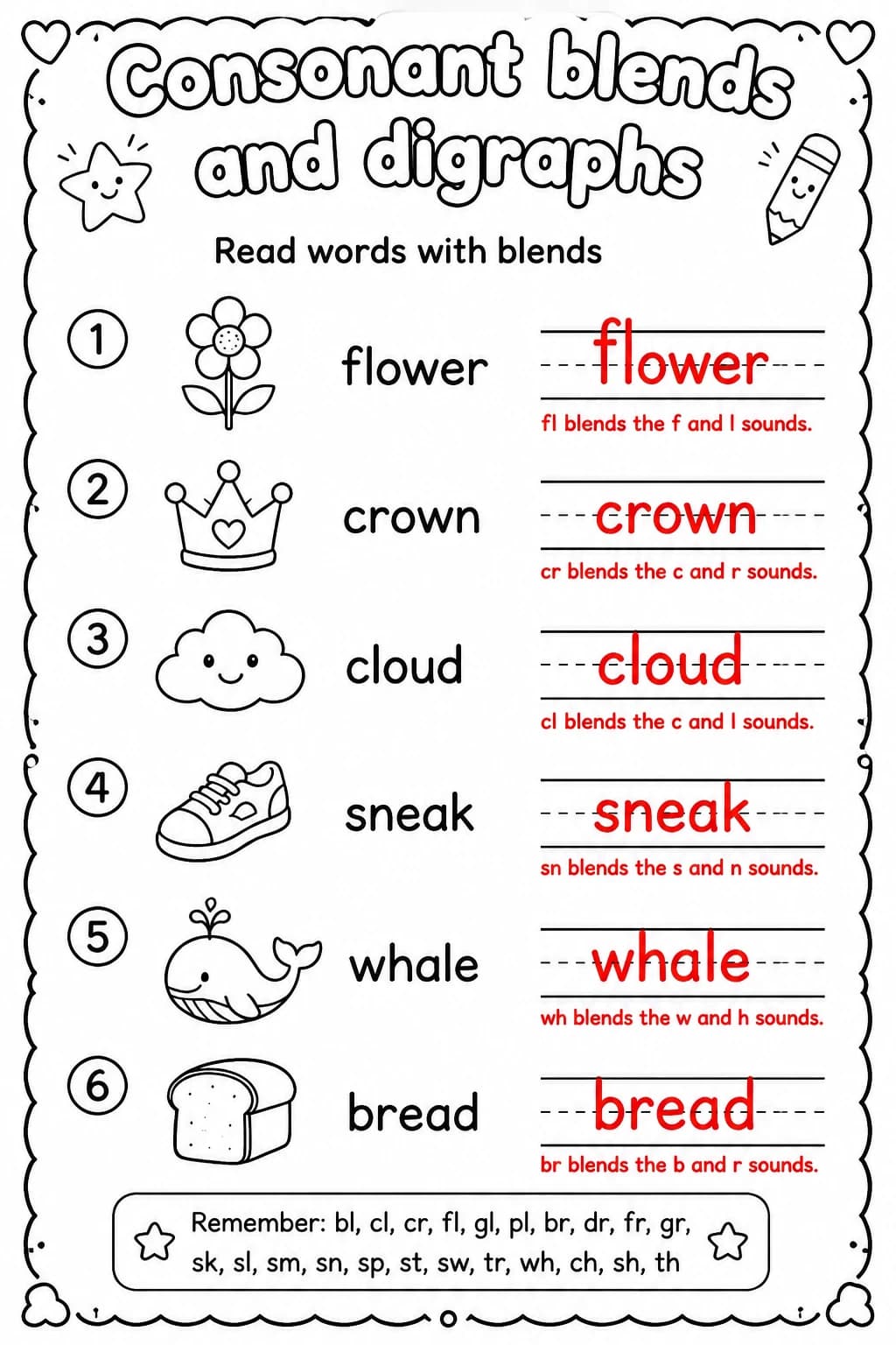 Answer key for Read words with blends — free printable English & Reading worksheet