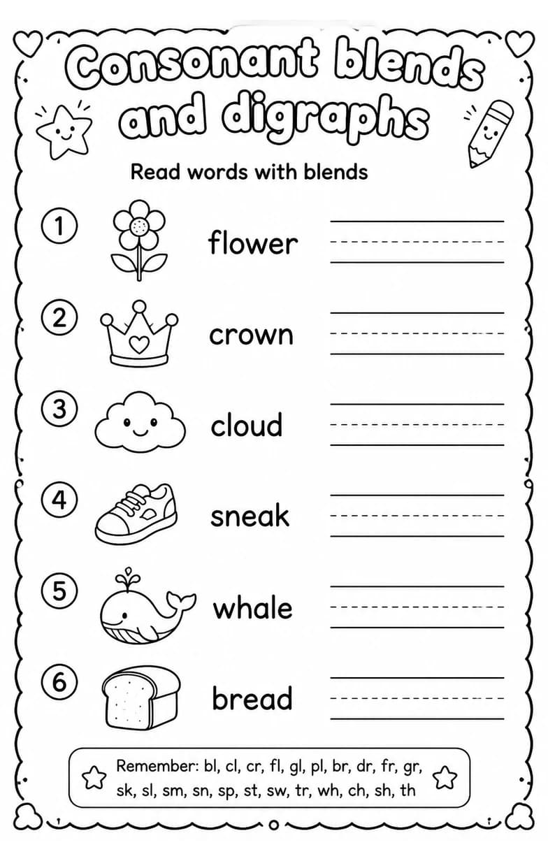 Read words with blends — free printable Grade 1 English & Reading worksheet