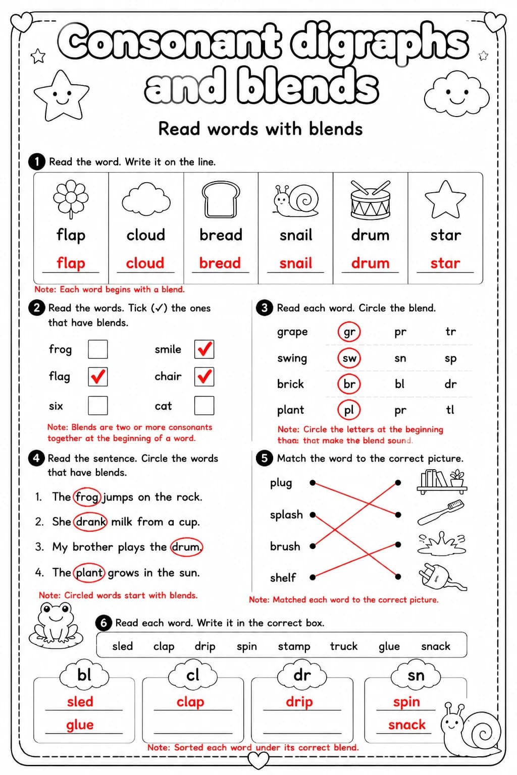 Answer key for Read words with blends — free printable English & Reading worksheet