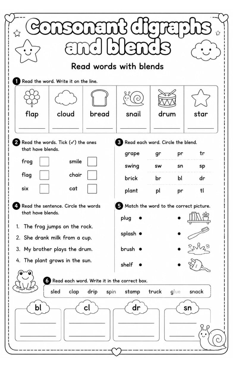 Read words with blends — free printable Grade 2 English & Reading worksheet